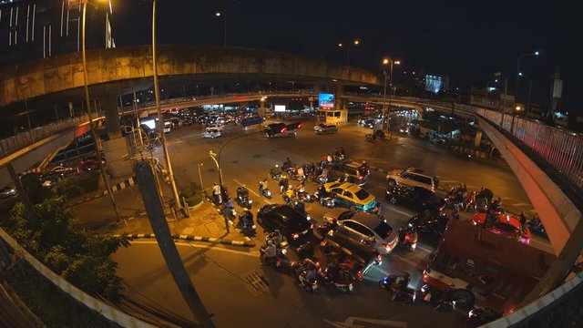 Bangkok, Thailand - July 26, 2018 : Congestion traffic at Klongtoey junction in Bangkok, Thailand taken by fisheye lens