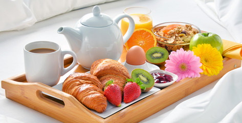 Breakfast tray in bed in hotel room