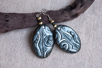 Handmade jewelry. Black silver earrings from polymer clay.African tribal style.