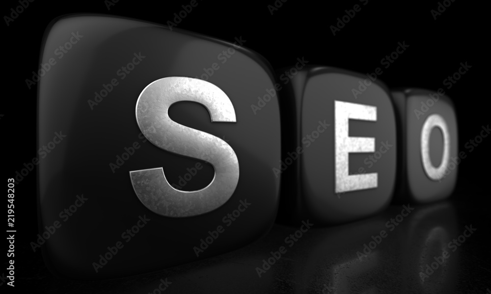 Poster seo text word on black glossy cubes 3d rendered with depth of field