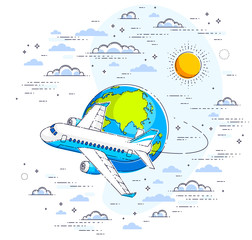 Plane airliner with earth planet in the sky surrounded by clouds, airlines air travel illustration. Beautiful thin line vector isolated over white background.