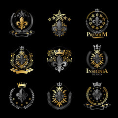 Lily Flowers Royal symbols emblems set. Heraldic Coat of Arms decorative logos isolated vector illustrations collection.