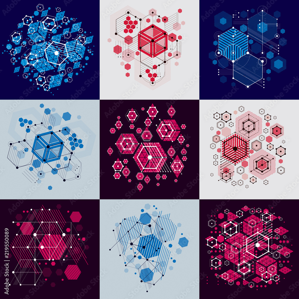 Poster set of vector abstract backgrounds created in bauhaus retro style using honeycombs and circles. mode