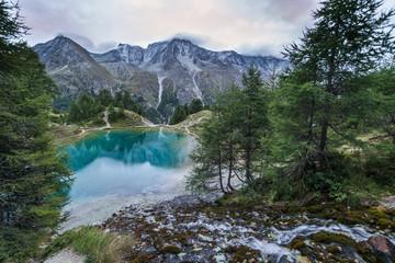Mountain Stream flowing into Blue Lake with Green Pine Forest on a Cloudy Day.