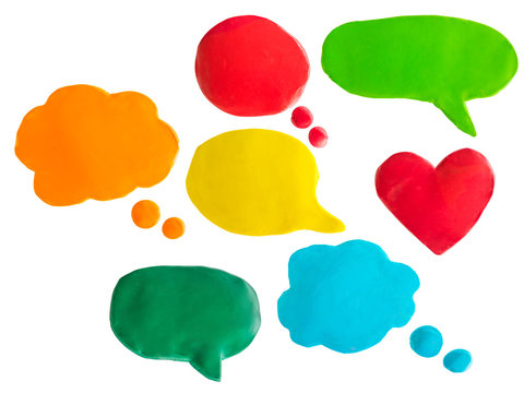 colorful speech and thought bubbles. Set of plasticine clouds of thoughts and speech bubbles. Handmade plasticine, modelling clay with clipping path.