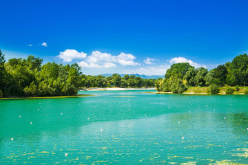 Zagreb, Croatia, Jarun lake, beautiful green bay, sunny summer day