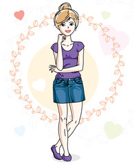 Young beautiful blonde woman adult standing on colorful background with Valentine hearts in modern casual clothes. Vector nice lady illustration.