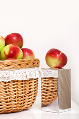 red white green apple purse basket background wood table wicker wattled braided lace gift box metal silver