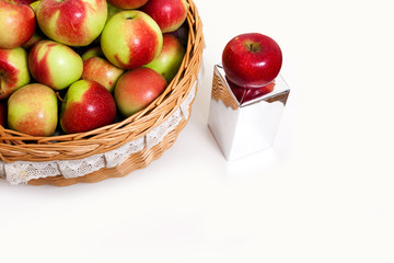 red white green apple purse basket background wood table wicker wattled braided lace gift box metal silver