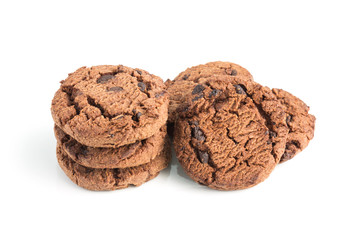 homemade chocolate chips dark cookies on white background