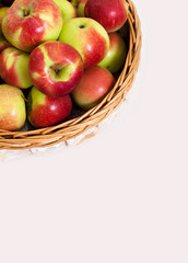 red white green apple purse basket background wood table wicker wattled braided lace