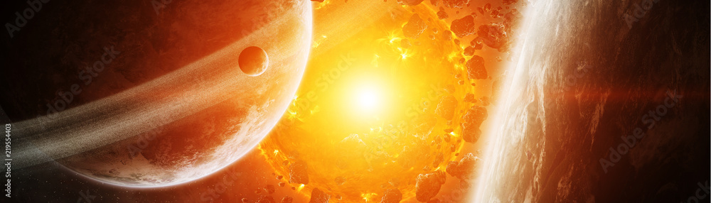 Wall mural exploding sun in space close to planet 3d rendering elements of this image furnished by nasa