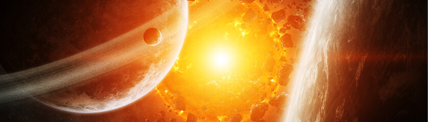 Exploding sun in space close to planet 3D rendering elements of this image furnished by NASA - obrazy, fototapety, plakaty