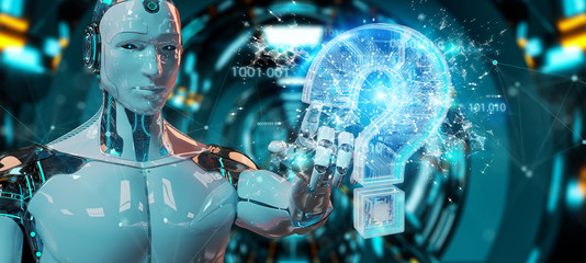 Fototapeta premium Cyborg rozwiązujący problem z cyfrowymi znakami zapytania renderowania 3D