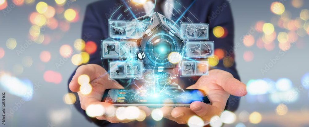 Poster businessman using futuristic drone security camera 3d rendering