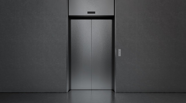 Blank black closed elevator in office floor interior mock up, 3d rendering. Empty lift with buttons near concrete wall mockup. Concept of business center or hotel lifting template in darkness