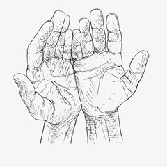 Human hands folded in prayer. Hand drawn vector illustration. Appeal to the God. Faith and hope. Religion