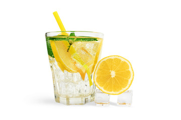 glass of soda water with ice cubes, orange and mint. Isolate on white background