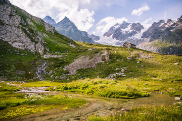 River Flowing in Green Landscape with Shelter and Iconic Mont-Blanc Glacier in the Background