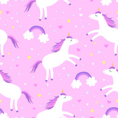 Cute cartoon colorful seamless pattern with white unicorns rainbows and stars on pink background. Perfect for kids textile, wallpaper, wrapping paper etc. Vector illustration