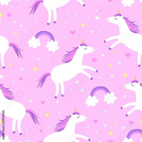 Cute Cartoon Colorful Seamless Pattern With White Unicorns Rainbows And Stars On Pink Background Perfect Cute Cartoon Colorful Seamless Pattern With White Unicorns Rainbows And Stars On Pink Background Perfect