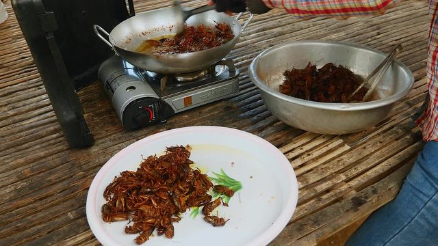 Woman stirring deep frying grasshoppers inside a wok using a metal spatula