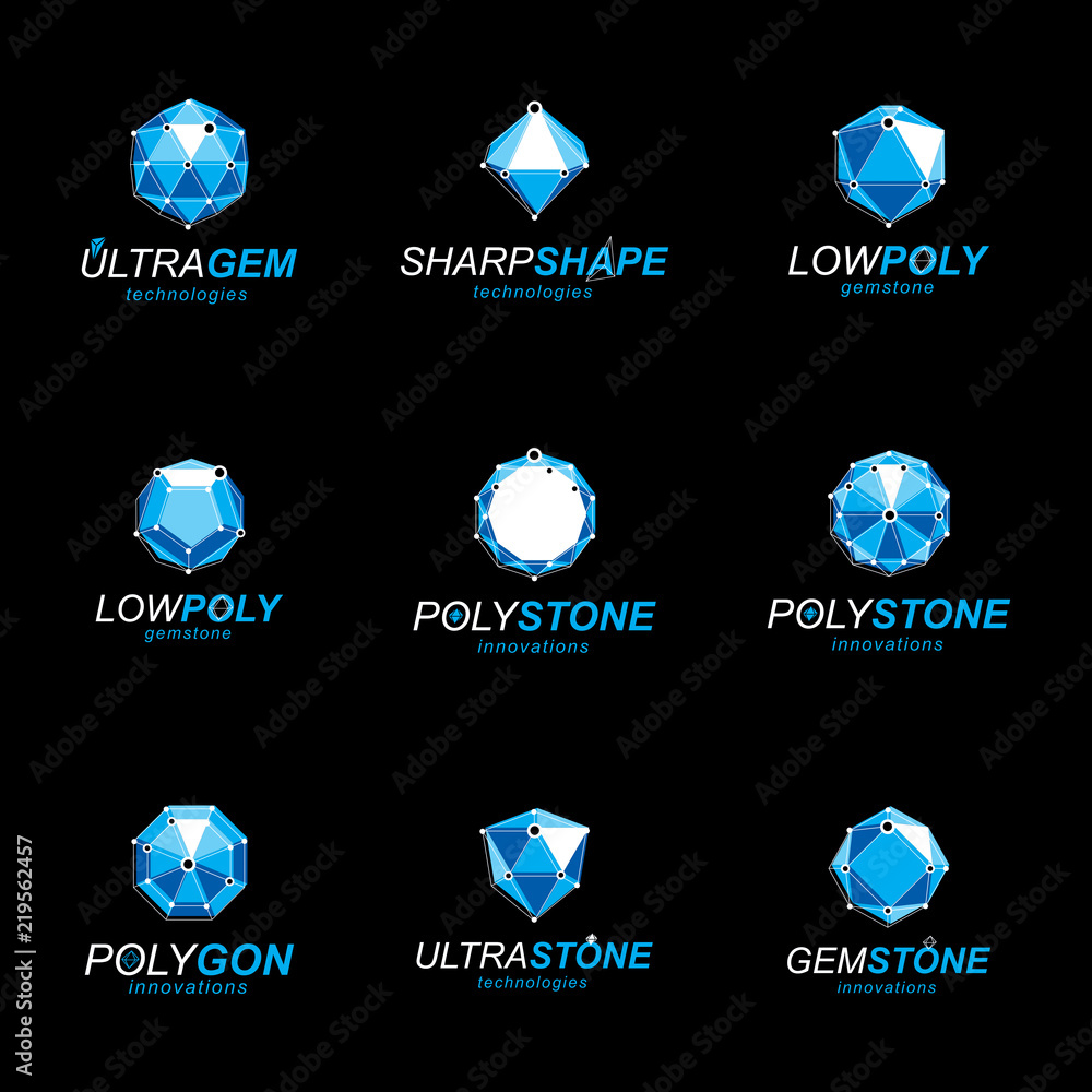 Poster set of perspective technology shapes, polygonal wireframe objects collection. collection of diamond 