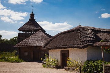Fototapeta na wymiar Ancient houses and life of Ukrainians on the island of Khortytsia