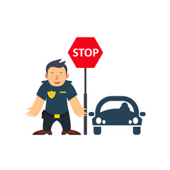 Traffic policeman holding a stop sign. Cartoon character policeman isolated on white background. Vector illustration