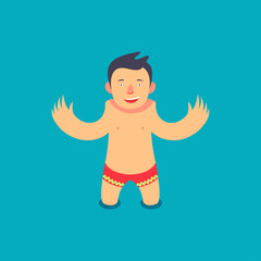 Funny cartoon man is swimming. Vector