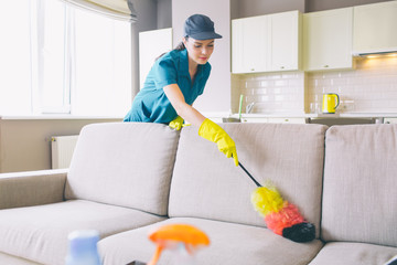 Careful and concentrated cleaner works in apartment. She uses dust brush on sofa. Girl cleans gentle. She is reaching far angles of sofa.