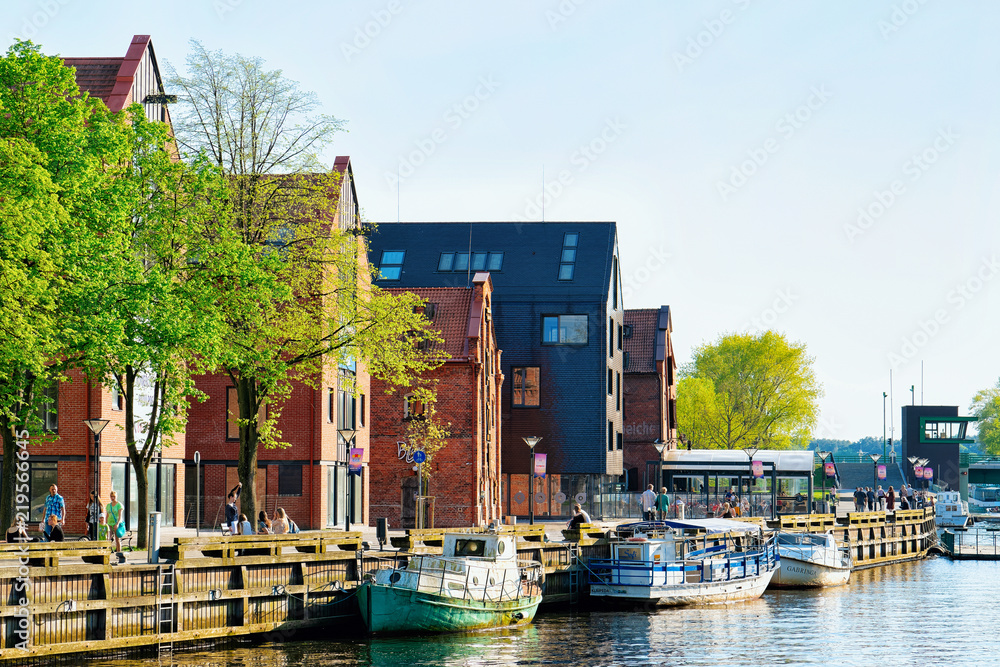 Poster Ships in embankment of Dane River Old town Klaipeda