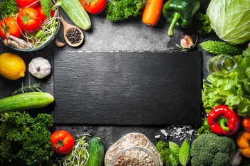 Various fresh vegetables organic food for healthy on rustic background with copy space for your...