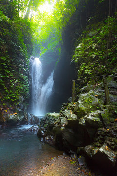 Waterfall hidden in the tropical jungle. Nungnung waterfall, Bali, Indonesia