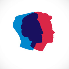 Relationship psychology concept created with man and woman heads profiles, vector logo or symbol of gender problems and conflicts in family, close relations and society. Classic style simple design.