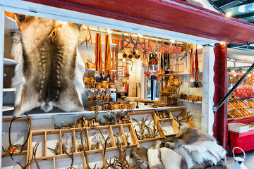 Reindeer fur horns Christmas Market in Rovaniemi Finland