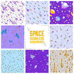 Space seamless background with rockets, planets, asteroids, comets, meteors and stars, undiscovered galaxy fantastic textile fabric for children, endless tiling pattern, vector illustration cartoon.
