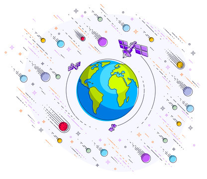 Earth in space, our planet in huge cosmos surrounded by artificial satellites, rockets and stars. Global communication technology theme. Thin line 3d vector illustration isolated on white.