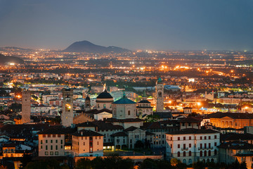 Fototapeta na wymiar Night cityscape with Basilica of Santa Maria Maggiore Bergamo Italy