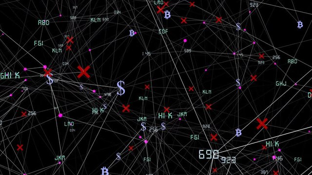 Web of business activity.Symbols of bitcoin and dollar are associated with the symbols of the stock market.Beautiful 3d animation of the Global Digital Network Growing with Numbers Flying. Business