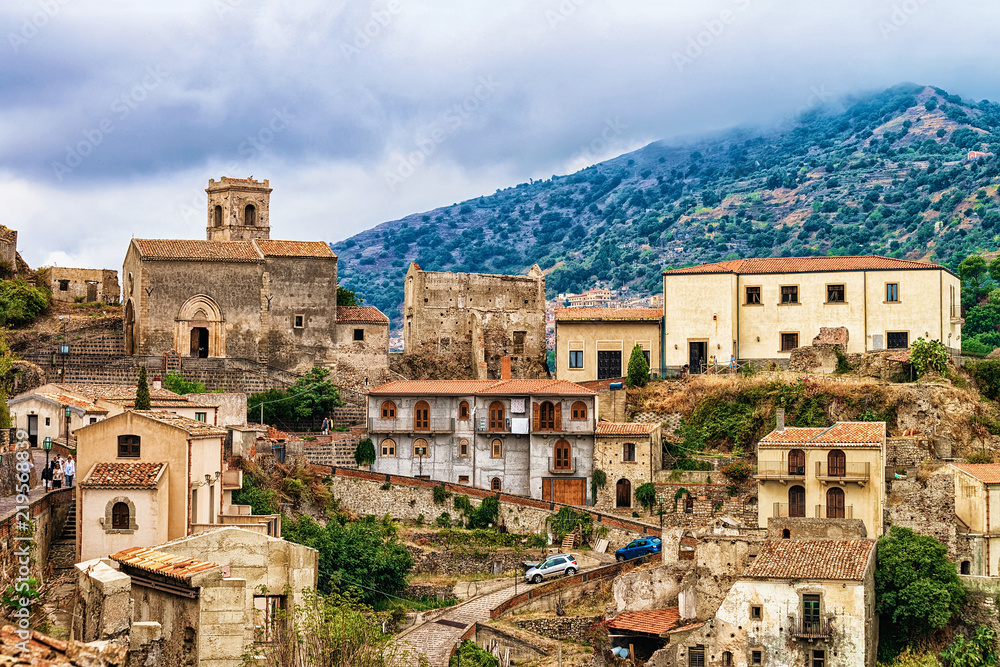 Sticker beautiful landscape with savoca village on mountain sicily