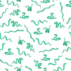 Modern watercolor cute green snakes seamless pattern on white background. Snake babies sitting, running and playing