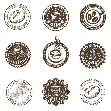 collection of coffee branch, beans and cup labels