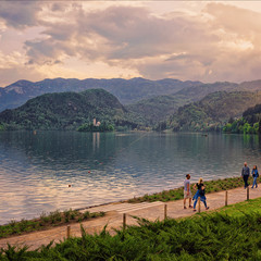 Fototapeta na wymiar Beautiful scenery with people at Bled Lake Slovenia