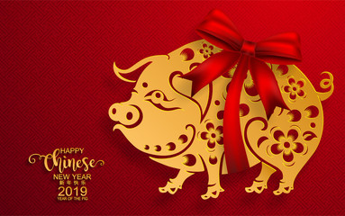Happy chinese new year 2019 Zodiac sign with gold paper cut art and craft style on color Background.(Chinese Translation : Year of the pig)