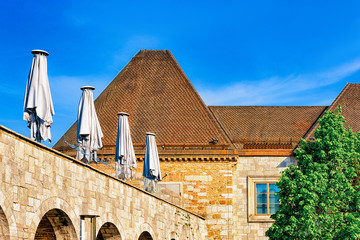 Sidewalk cafe in Old castle in historical center Ljubljana Slovenia