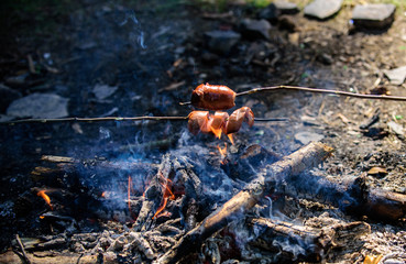 Smoky smell of roasted food. How to roast sausages. Sausages on stick with bonfire and smoke on background. Roasty toasty sausages are such quintessential taste of picnic. Holding sausages on sticks