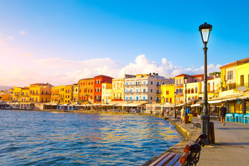 View of the old port of Chania, Crete Island, Greece.