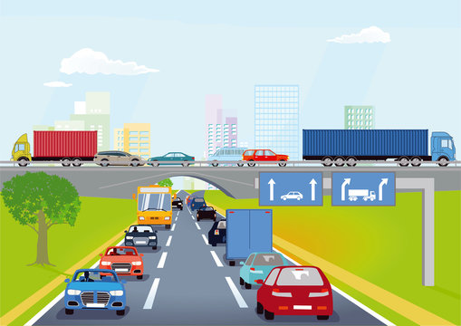 Verkehr auf der Autobahn mit Personenwagen und Lastwagen