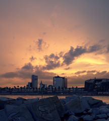 Sunset on Barcelonet. View from the Port Olympic. Barcelona.